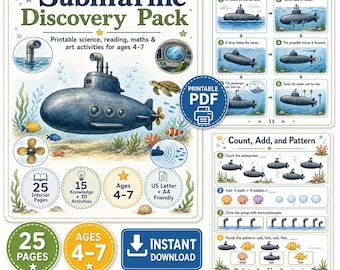 Submarine Activity Book for Kids, Ocean Science Worksheets, Preschool Homeschool Learning Pack (Digital Download)