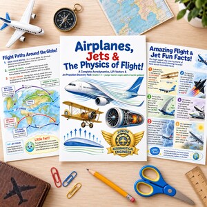 May include: A educational discovery pack titled Airplanes, Jets & The Physics of Flight, featuring illustrations of a passenger jet, a biplane, and a jet engine, surrounded by informational sheets on flight paths and aviation facts.