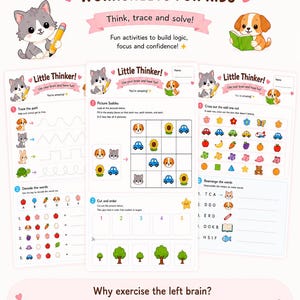 Puede incluir: Un conjunto de hojas de trabajo imprimibles tituladas PRINTABLE LEFT BRAIN BOOSTER WORKSHEETS FOR KIDS. Las páginas presentan ilustraciones coloridas de gatos, perros y varios objetos, incluyendo actividades como trazar caminos y acertijos.