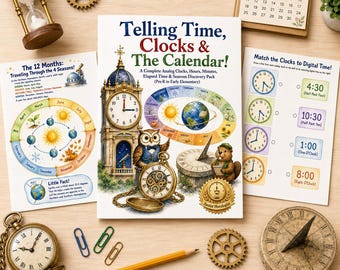 Time Worksheets for Kids, Clock Calendar Printable PDF, Learning Time Activities, Homeschool Math Pack, Kindergarten Early Elementary