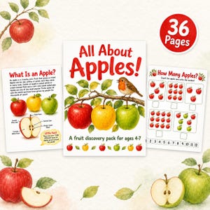 May include: A fruit discovery pack for ages 4-7 titled All About Apples! featuring a 36-page educational book with illustrations of red, yellow, and green apples, a robin, and activity sheets for counting apples with text and diagrams.