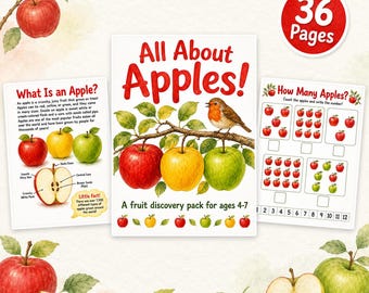 All About Apples Printable, 36 Page Apple Unit Study for Kids, Preschool Science Worksheets, Fall Homeschool Activities Ages 4-7