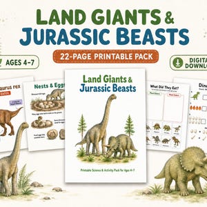 Puede incluir: Un paquete de actividades imprimible de 22 páginas titulado Land Giants & Jurassic Beasts que incluye ilustraciones de dinosaurios, hojas de trabajo educativas y ejercicios de matemáticas para niños de 4 a 7 años.
