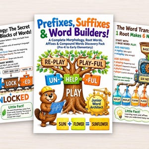 May include: Three educational posters titled Prefixes, Suffixes & Word Builders, Morphology: The Secret Building Blocks of Words, and The Word Transformer. The posters feature a cartoon beaver, a tree, a train, and a machine with colourful text.