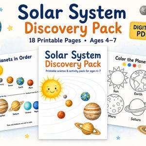 May include: A Solar System Discovery Pack digital PDF with 18 printable pages for ages 4-7. The set includes activity sheets featuring illustrations of the sun and planets, with text labels and colouring pages showing the planets in order.