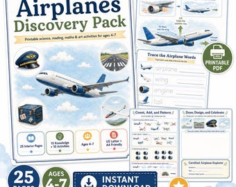 Airplane Discovery Pack, Printable Kids Activity Book (Ages 4-7)