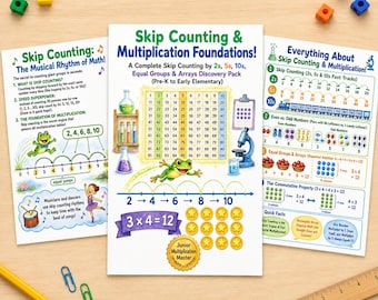 Skip Counting Multiplication Worksheets, Printable Math Pack, Equal Groups & Arrays, Times Tables Activities, Homeschool Kindergarten Math