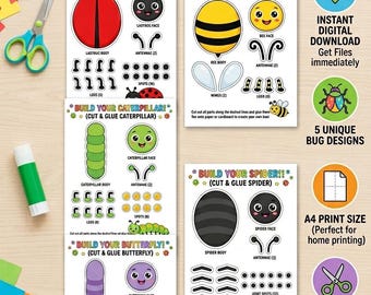 Printable Bug Craft Bundle, Cut and Glue Activities, Preschool Fine Motor Skills (A4 PDF)