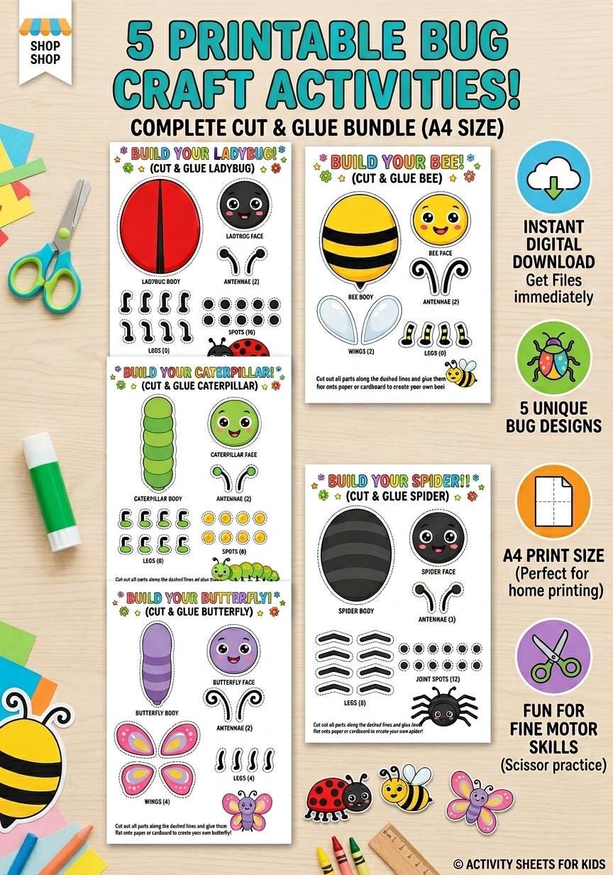 Printable Bug Craft Bundle, Cut and Glue Activities, Preschool Fine Motor Skills (A4 PDF)