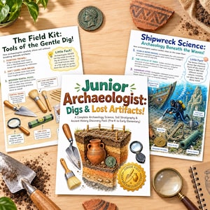 May include: A Junior Archaeologist educational kit featuring three illustrated activity sheets, a metal trowel with a wooden handle, and a magnifying glass. The materials display diagrams of excavation tools, shipwreck science, and a cross-section of soil layers.