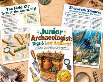 Fichas de arqueología para niños, material imprimible para jóvenes arqueólogos, actividades de historia antigua, artefactos estratigráficos, paquete de ciencias para la educación en casa.
