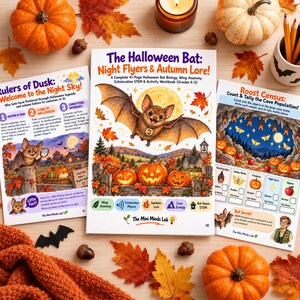 Książka z zadaniami do druku dla dzieci o nietoperzach z okazji Halloween | Arkusze ćwiczeń z biologii nietoperzy i echolokacji | Nauka o przyrodzie STEM | Edukacja domowa w formacie PDF | 41 stron