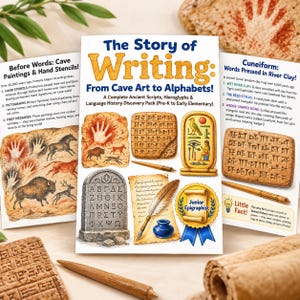 以下が含まれることがあります： The Story of Writing: From Cave Art to Alphabets!というタイトルの教育パック。洞窟壁画、楔形文字の粘土板、ギリシャ文字の石碑、羽ペン、インク壺、ジュニア・エピグラフィストのバッジのイラストが描かれています。