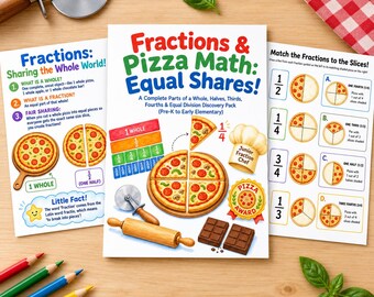 Hojas de trabajo imprimibles sobre fracciones para niños, actividades matemáticas con pizza, paquete de fracciones de partes iguales, matemáticas para educación en casa, preescolar, jardín de infantes y primer grado.
