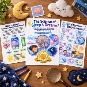 Könnte beinhalten: Drei Lehrposter mit den Titeln The Science of Sleep & Dreams, What Is Sleep und Everything About Sleep & Dreams, mit farbenfrohen Illustrationen von Gehirnen, schlafenden Kindern und Diagrammen. Enthält eine Lupe, Buntstifte und Plüschsterne.