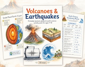 Volcanoes Earthquakes Printable Activity Pack | 30-Page Earth Science & Tectonic Plates Worksheets for Ages 7–10
