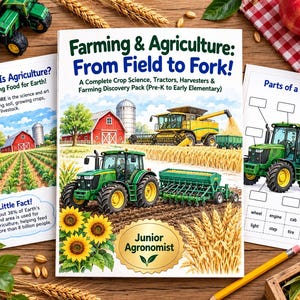 Könnte beinhalten: Ein Buch mit dem Titel Farming & Agriculture: From Field to Fork! mit Illustrationen eines grünen Traktors, eines gelben Mähdreschers, einer roten Scheune und Sonnenblumen. Das Cover enthält den Text Junior Agronomist und ein Lernpaket.