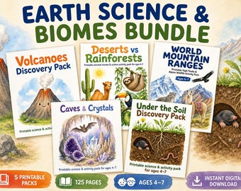 Earth Science Bundle Ages 4-7, 125 Pages | Mountains, Caves, Soil, Volcanoes, Deserts & Rainforests | Printable PDF