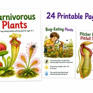 Puede incluir: Un paquete de actividades imprimible de 24 páginas titulado Carnivorous Plants, con ilustraciones de dioneas, plantas jarro y droseras. El conjunto incluye hojas educativas con diagramas que explican la anatomía vegetal.