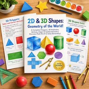 Geometrisk arbetsbok i 2D- och 3D-former | 40-sidiga utskrivbara matteblad | Polygoner, noder, kanter | Förskoleklass, tidig grundskola, PDF
