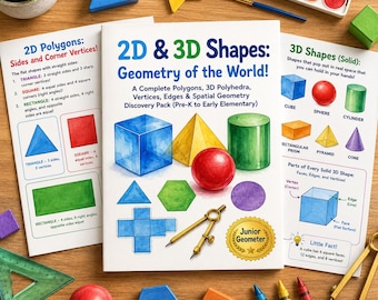 2D & 3D Shapes Geometry Workbook | 40-Page Printable Math Worksheets | Polygons, Vertices, Edges | Pre-K Early Elementary PDF