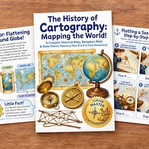 Peut inclure: Trois fiches pédagogiques intitulées The History of Cartography: Mapping the World, Mercator: Flattening a Round Globe et Plotting a Sea Course: Step-by-Step Order. Les documents présentent des illustrations d'un globe, d'une boussole et de cartes.
