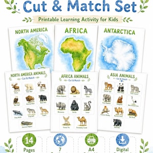 Animal Continents Cut and Match Printable Activity | A4 Geography Learning Worksheets for Kids
