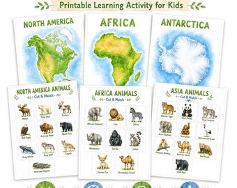Actividad imprimible de recortar y unir continentes con animales / Hojas de trabajo de geografía tamaño A4 para niños