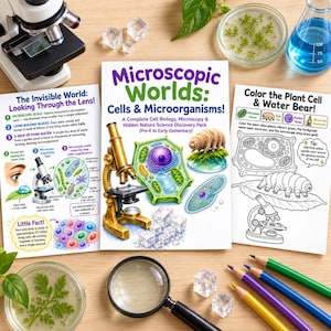 Op de afbeelding: Een wetenschappelijk ontdekkingspakket getiteld Microscopic Worlds: Cells & Microorganisms! met een microscoop, celdiagram en waterbeer-illustratie, geflankeerd door twee educatieve werkbladen, een vergrootglas, kleurpotloden en laboratoriumapparatuur.