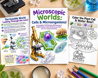 Fichas de trabajo sobre microscopio para niños, células y microorganismos para imprimir, actividades de microbiología, ciencias para la educación en casa, paquete de aprendizaje STEM