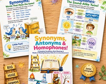 Synonyms Antonyms Homophones Workbook | 40+ Page Printable Vocabulary Worksheets | Language Arts PDF | Homeschool English
