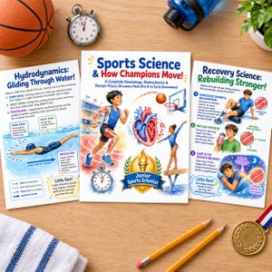 May include: Three educational posters titled Sports Science & How Champions Move, Hydrodynamics: Gliding Through Water, and Recovery Science: Rebuilding Stronger. The posters feature colorful illustrations of athletes, anatomical diagrams, and text.