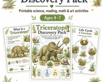 Triceratops Discovery Pack – Printable Dinosaur Science, Reading, Math Activities (Ages 4-7)