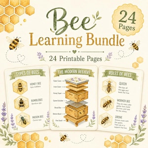 Puede incluir: Un paquete de aprendizaje sobre abejas con 24 páginas imprimibles que incluyen ilustraciones en acuarela de abejas, panales y lavanda. Las páginas muestran tipos de abejas, un diagrama de una colmena moderna con partes etiquetadas y sus roles.