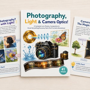 Może przedstawiać: Trzy broszury edukacyjne zatytułowane Photography, Light & Camera Optics, What Is Photography? Drawing with Light! oraz Camera Obscura: The Magic Pinhole Box!. Okładki zawierają ilustracje aparatu, taśmy filmowej, lisa, teleskopu i schematy.