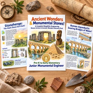以下が含まれることがあります： Ancient Wonders & Monumental Stones、Stonehenge: The Giant Stone Sun Clock、Roman Aqueducts: Soaring Bridges of Waterと題された3枚の教育用ポスター。巨石建造物、ピラミッド、アーチのイラストが描かれています。