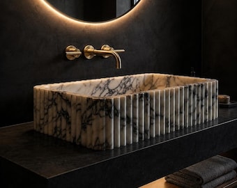 Calacatta Viola Marble Sink, Hand Carved Fluted Stone Basin, Custom Countertop or Wall Mount Bathroom Vanity Sink