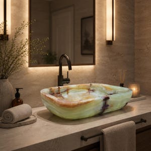 Puede incluir: Un lavabo rectangular hecho de piedra ónix translúcida en tonos verdes y ámbar con vetas naturales, que presenta un acabado liso y pulido con bordes redondeados, colocado sobre una encimera de piedra con un grifo de color negro mate.