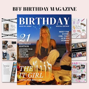 Può includere: Una rivista di compleanno personalizzata per la migliore amica con una copertina che mostra una persona su una spiaggia al tramonto dietro una torta accesa. Il testo include BIRTHDAY, 21 BIRTHDAY EDITION e THE IT GIRL.