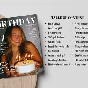 May include: A magazine cover titled BIRTHDAY featuring a smiling person holding a cake with lit candles, alongside a table of contents listing sections like Editor's Letter, Who's that girl, Birthday News, Sophia's Picks, and BFF bucket list.