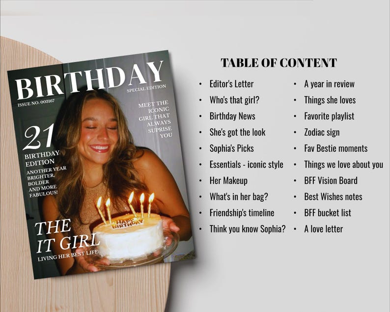 May include: A magazine cover titled BIRTHDAY featuring a smiling person holding a cake with lit candles, alongside a table of contents listing sections like Editor's Letter, Who's that girl, Birthday News, Sophia's Picks, and BFF bucket list.