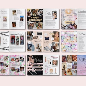 May include: A multi-page photo scrapbook layout featuring various collages, text headers like Our favourite bestie moments, Happy Birthday, Editor's Letter, A Love Letter, Effortlessly Aesthetic, Sophia's picks, and Virgo, with numerous candid photos.