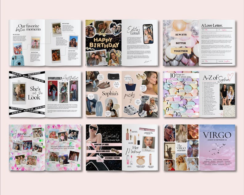 May include: A multi-page photo scrapbook layout featuring various collages, text headers like Our favourite bestie moments, Happy Birthday, Editor's Letter, A Love Letter, Effortlessly Aesthetic, Sophia's picks, and Virgo, with numerous candid photos.