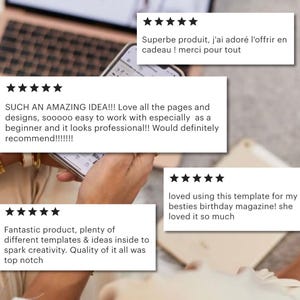 May include: A collection of four five-star customer reviews displayed as white rectangular cards. The text includes: 'SUCH AN AMAZING IDEA!!!', 'Superbe produit, j'ai ador&eacute; l'offrir en cadeau ! merci pour tout', 'loved using this template', and 'Fantastic product'.