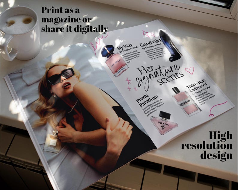 May include: A magazine spread titled Her signature scents featuring perfume bottles from Giorgio Armani, Carolina Herrera, Zadig & Voltaire, and Prada. The page includes text, a photograph of a person in sunglasses, and a white coffee mug nearby.