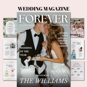 Op de afbeelding: Een trouwmagazine-cover getiteld FOREVER met een koppel in formele kleding dat een taart deelt. De tekst luidt WEDDING MAGAZINE, THE FOREVER ISSUE, THE WEDDING OF THE YEAR en FEATURING THE WILLIAMS. Kleinere paginalay-outs omringen de cover.