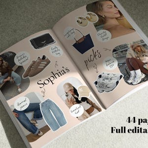 May include: A digital lookbook template titled Sophia's picks featuring 44 pages of editable fashion content. The layout displays various apparel and accessories including brown trainers, blue jeans, a baseball hat, a handbag, and gold earrings.