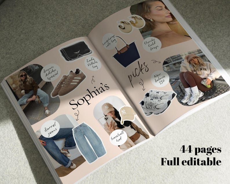 May include: A digital lookbook template titled Sophia's picks featuring 44 pages of editable fashion content. The layout displays various apparel and accessories including brown trainers, blue jeans, a baseball hat, a handbag, and gold earrings.