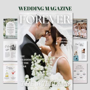 Puede incluir: Una portada de revista de bodas titulada FOREVER que muestra a una pareja con ropa formal y flores blancas en primer plano. La portada incluye texto como THE WEDDING OF THE YEAR y FEATURING THE WILLIAMS, rodeado de diseños de páginas.