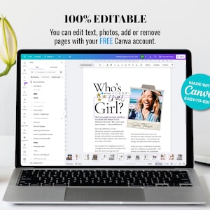 May include: A laptop screen displaying a digital magazine template in Canva with the text Who's that Girl? and a photo in a polaroid frame. The screen shows editing tools, text boxes, and a teal badge that reads MADE WITH Canva EASY-TO-EDIT.